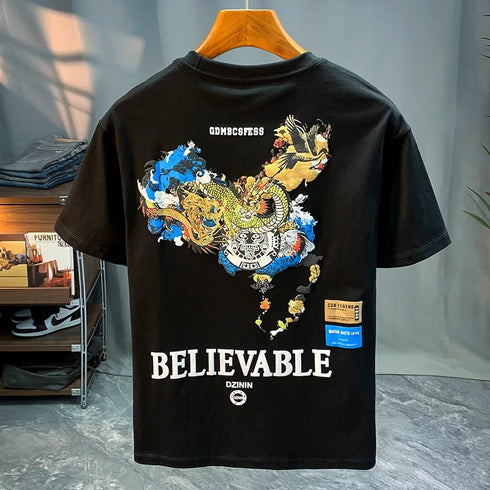 Premium Men's Chinese Style T-Shirt – 2024 Summer Thin Printed Round Neck Short Sleeve Casual Top